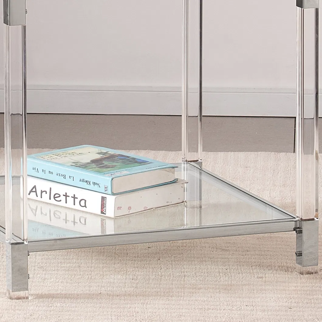 China Wholesale Good Price Clear Acrylic End Table Sets Square Glass Stainless Steel Side Tables