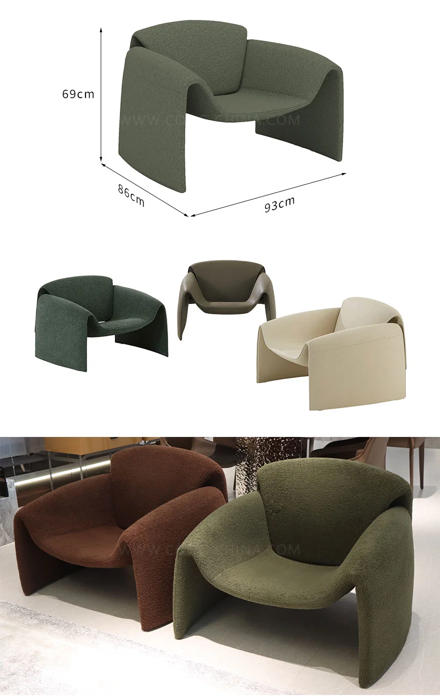 Modern Green Teddy Boucle Fabric Velvet Leather Single Leisure Lounge Arm Chair Designer Accent Le Club Chair for Home Living Room Furniture