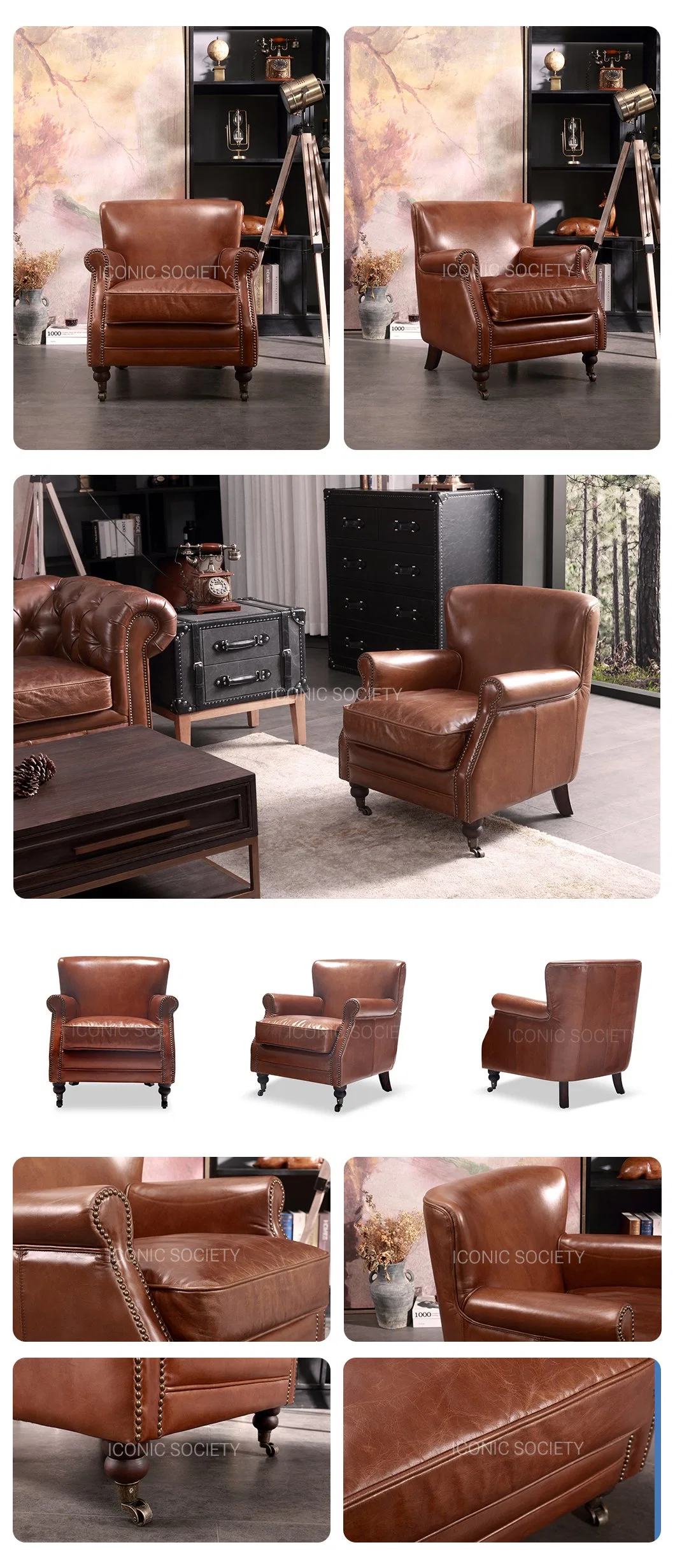 Classical Living Room Home Furniture Office Vintage Wood Armchair Hotel Club Lobby Genuine Leather Accent Chair
