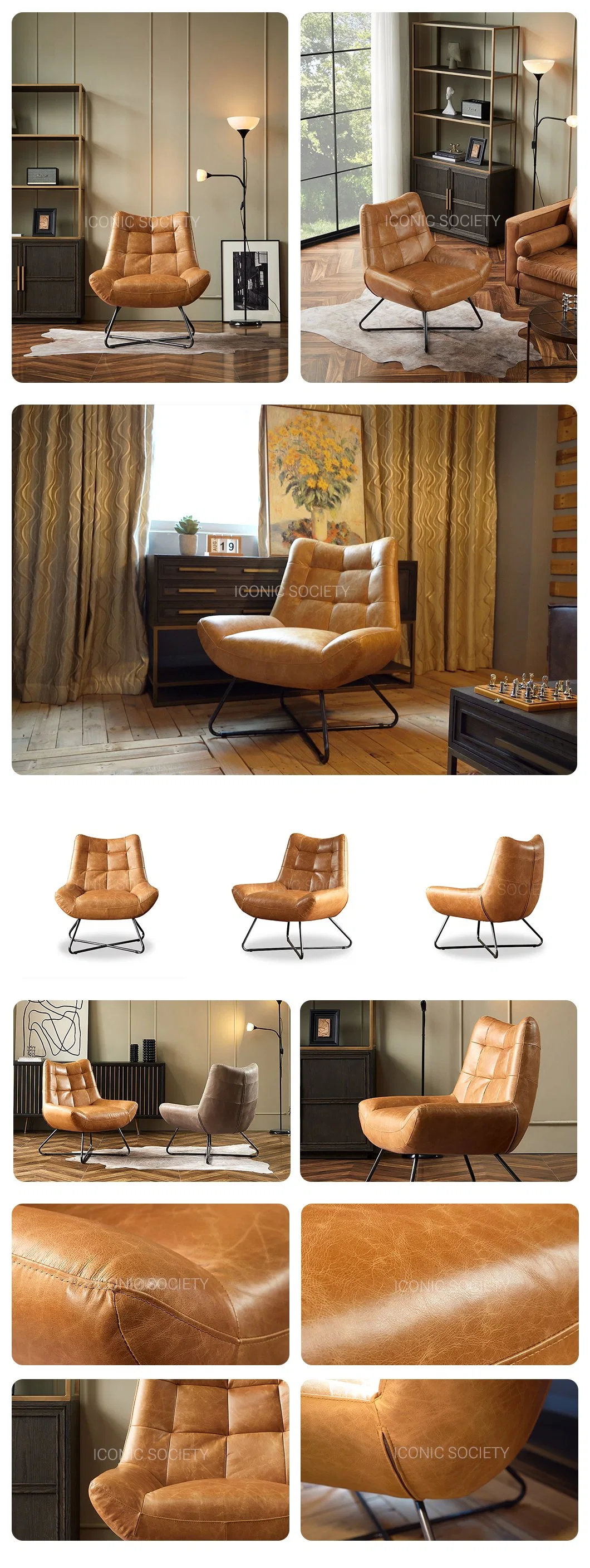 Modern Office Home Furniture Hotel Living Room Sitting Room Metal Handmade Lounge Leisure Genuine Leather Accent Chair